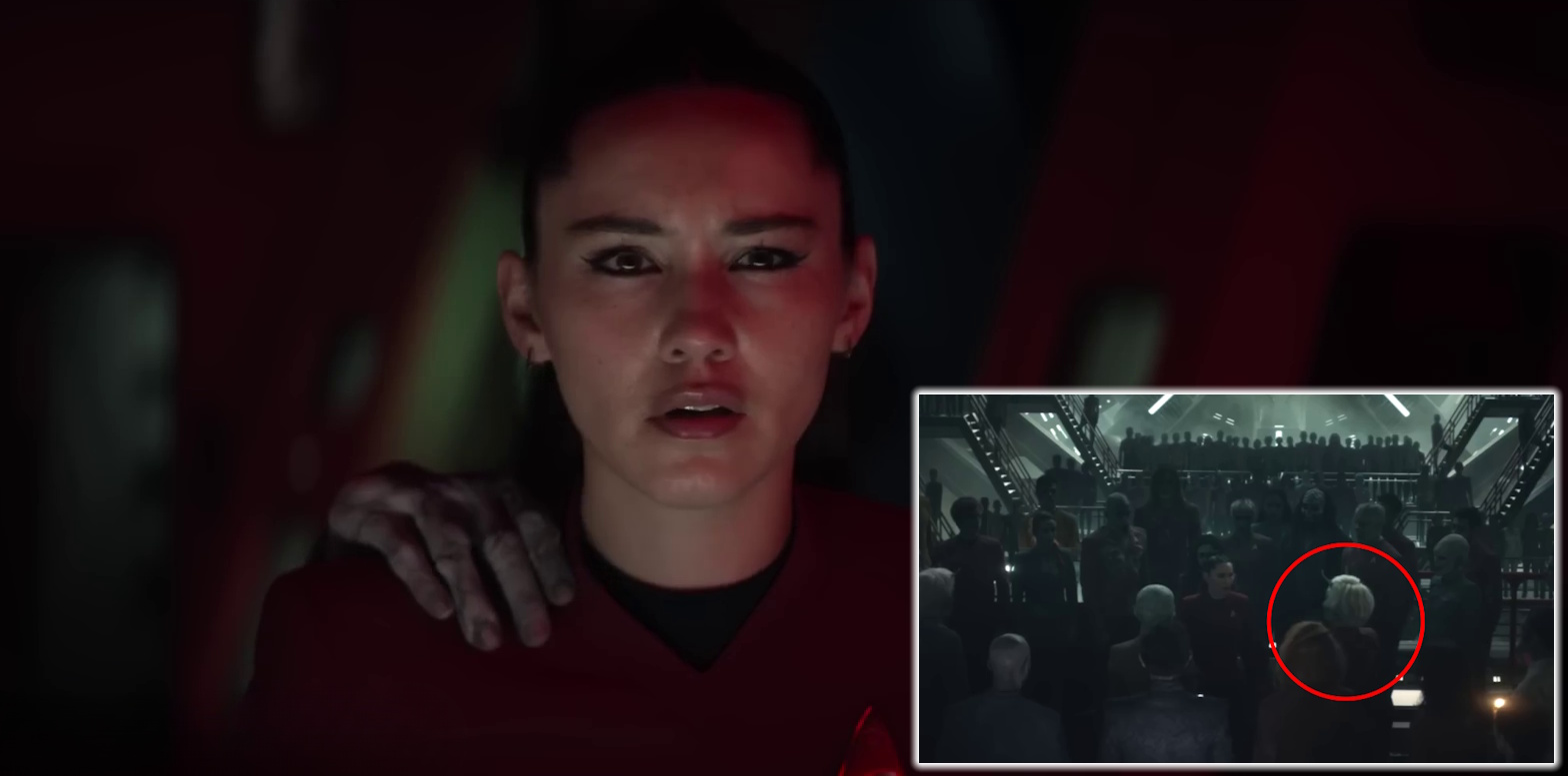 Still frame from the Strange New Worlds S4 trailer showing La'an with a second still frame inset showing a crowd scene and a circled character