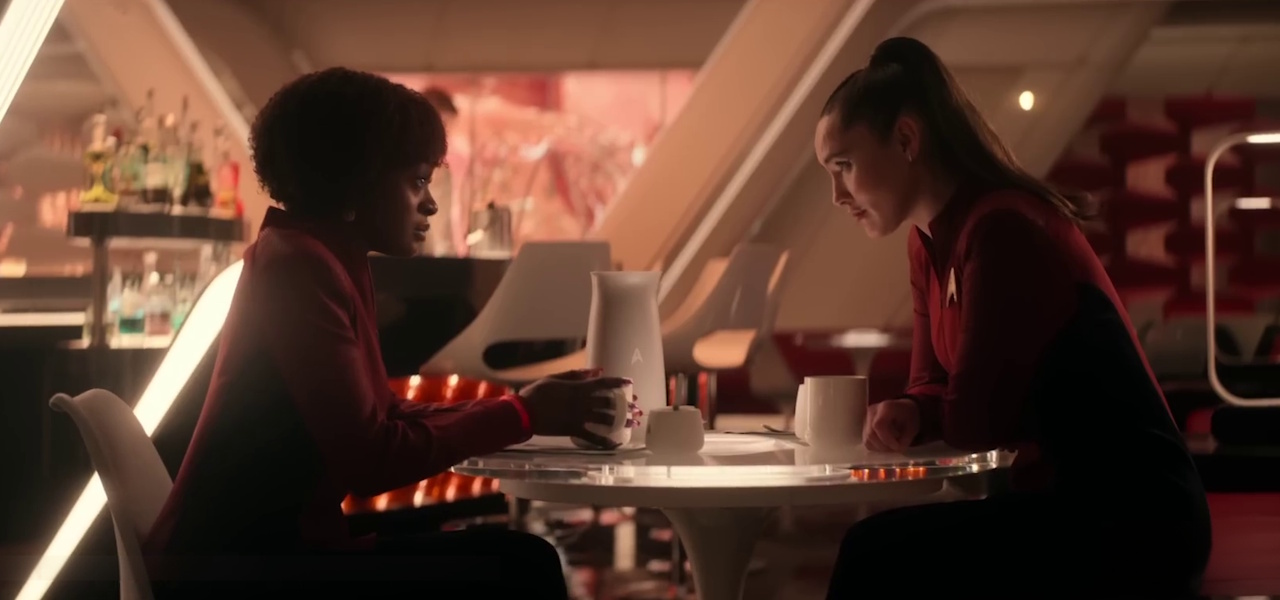 Still frame from the Strange New Worlds S4 trailer showing Uhura and La'an