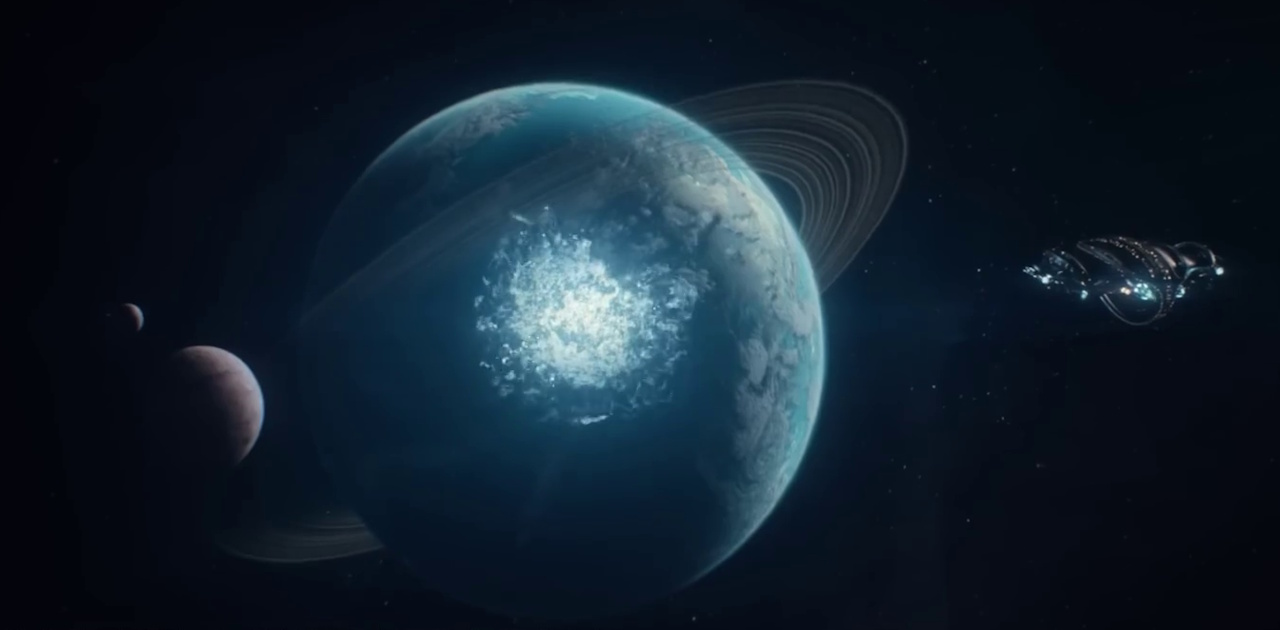 Still frame from the Strange New Worlds S4 trailer showing a planet being destroyed