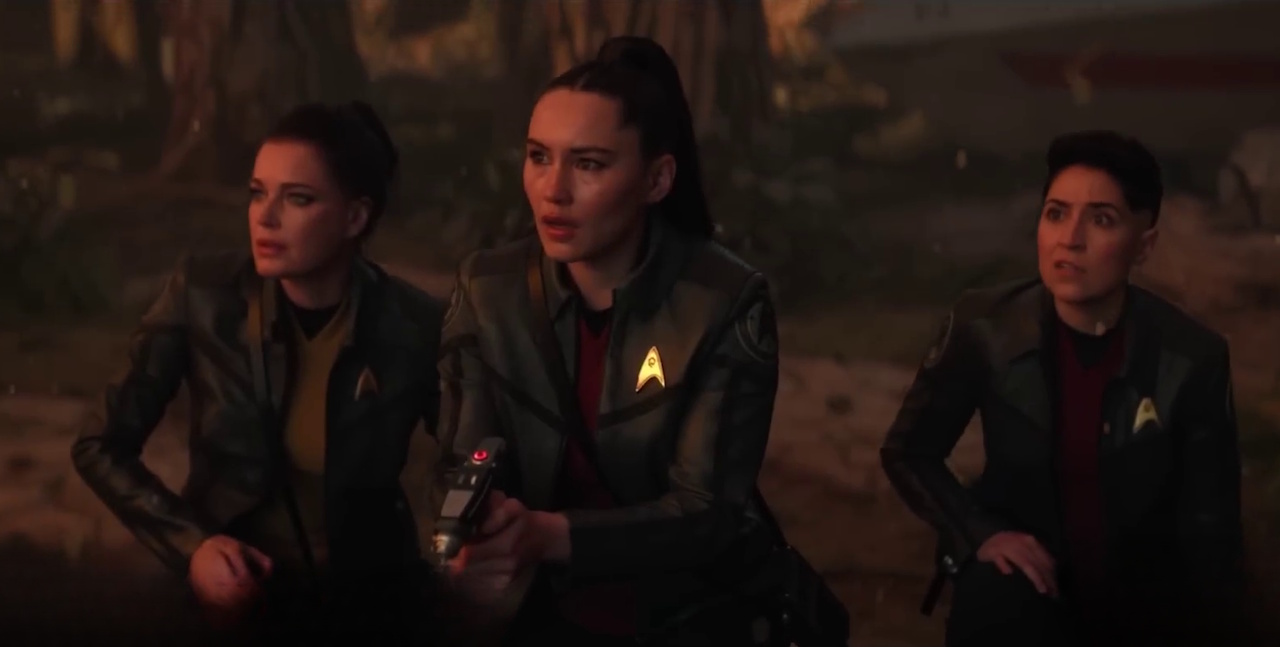 Still frame from the Strange New Worlds S4 trailer showing Una, La'an, and Ortegas.