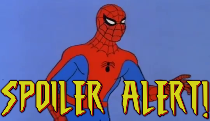 A Spider-Man-themed spoiler warning