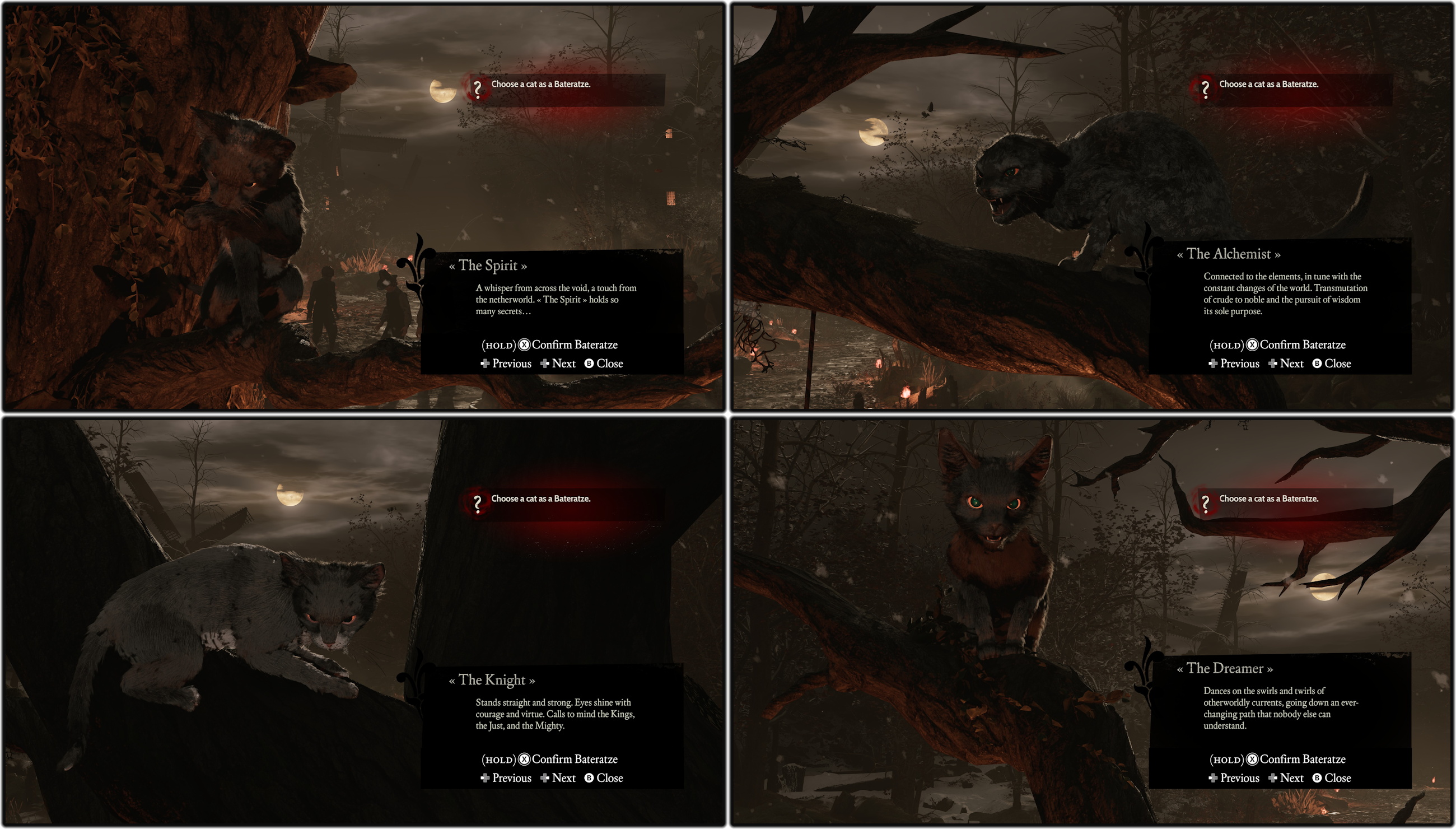 Four screenshots from the 1666: Amsterdam demo showing cat choices