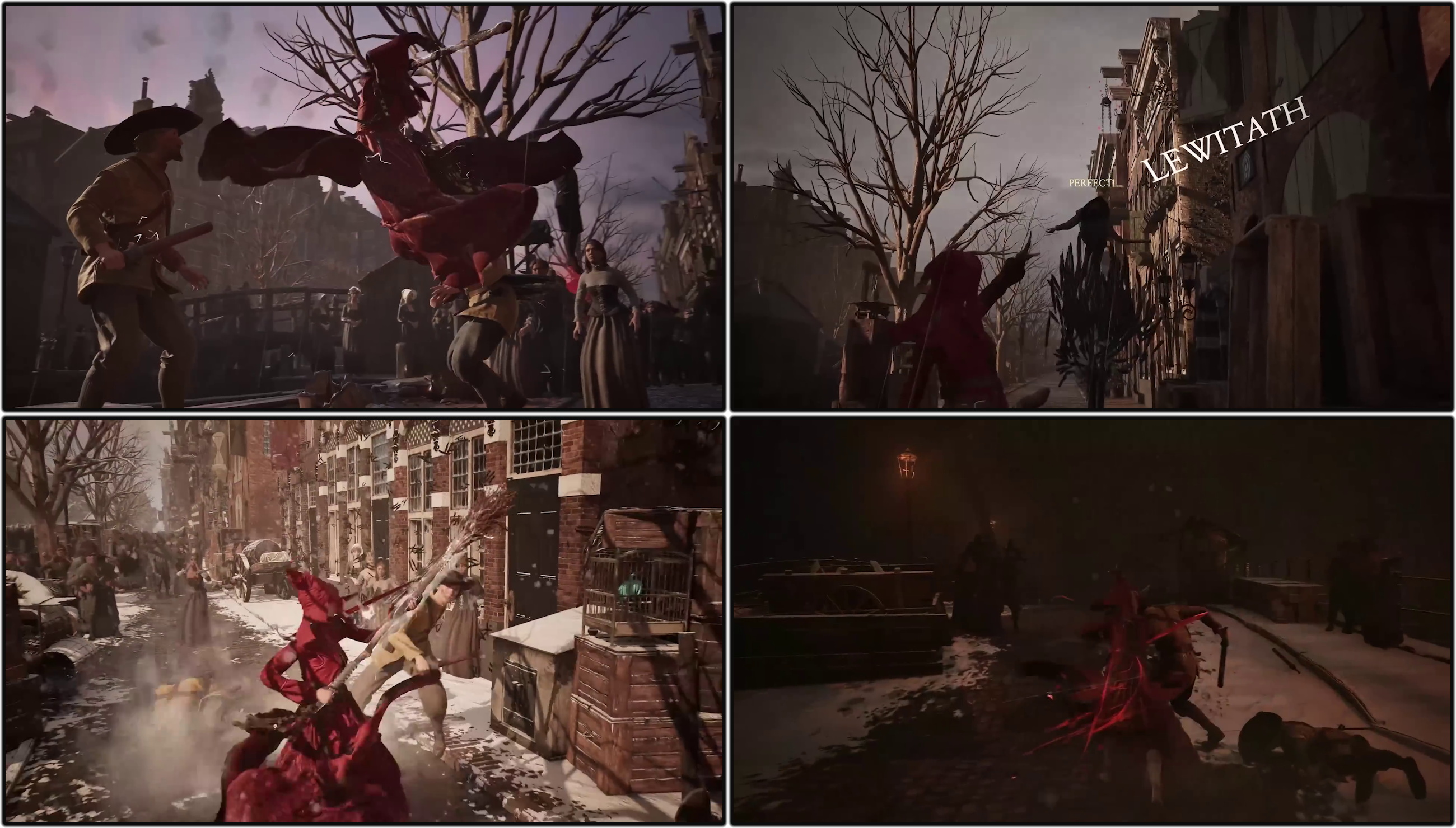 Four stills from the 1666: Amsterdam trailer showing combat