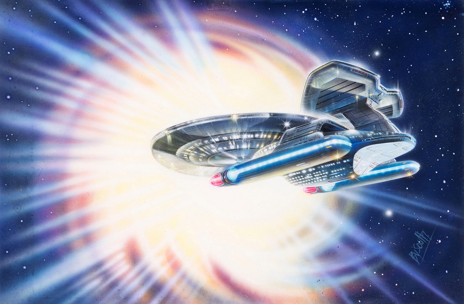 Artwork for Star Trek Deep Space Nine showing a Nebula-class starship