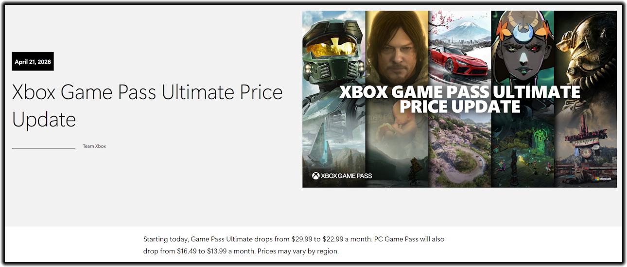 April 2026: Game Pass price cut announcement (screenshot)