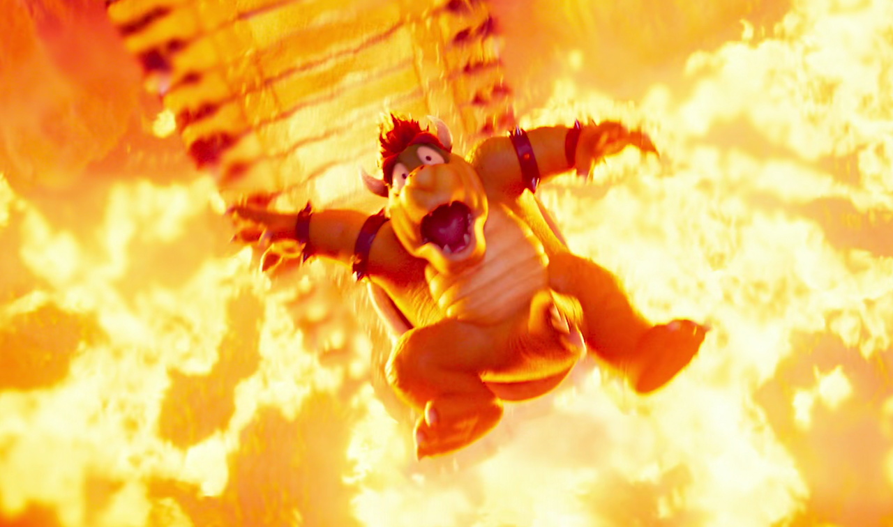 Still frame from The Super Mario Galaxy Movie (2026) showing Bowser's demise