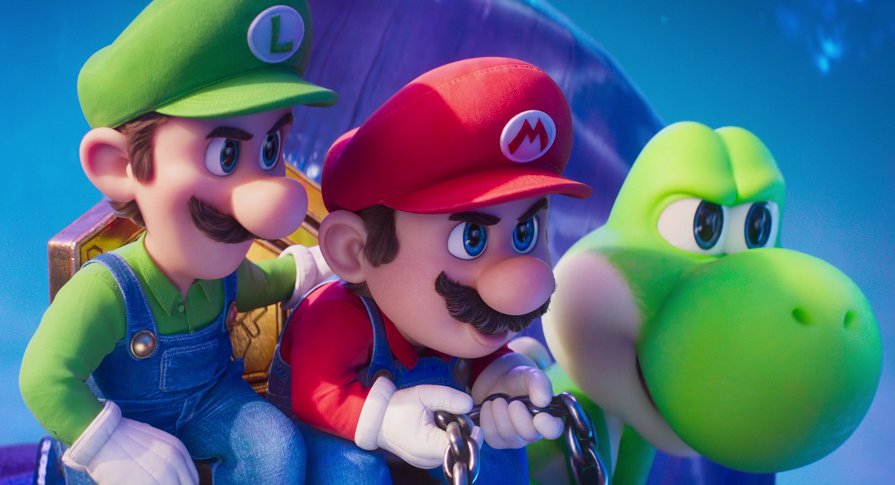 Still frame from The Super Mario Galaxy Movie (2026) showing Luigi, Mario, and Yoshi