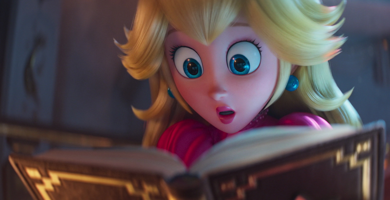 Still frame from The Super Mario Galaxy Movie (2026) showing Peach and Rosalina's book
