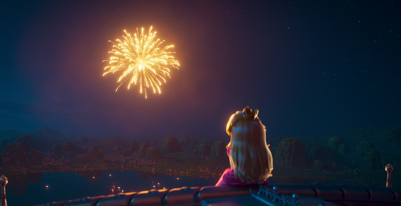 Still frame from The Super Mario Galaxy Movie (2026) showing Peach and a firework