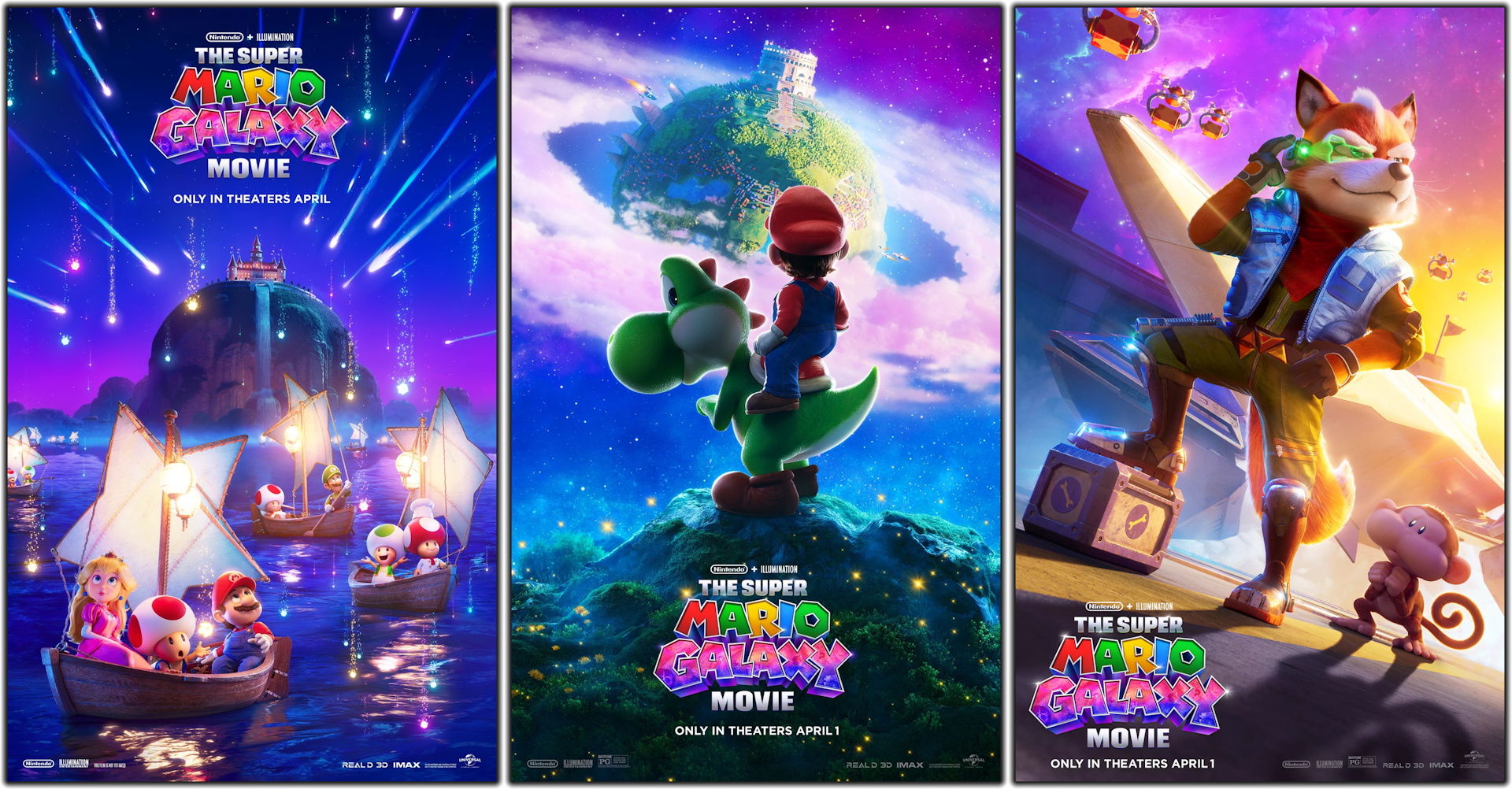 Three promo posters advertising The Super Mario Galaxy Movie (2026)