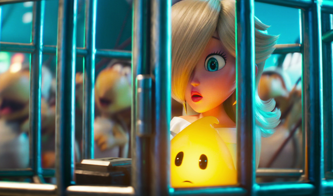 Still frame from The Super Mario Galaxy Movie (2026) showing Rosalina in a cage