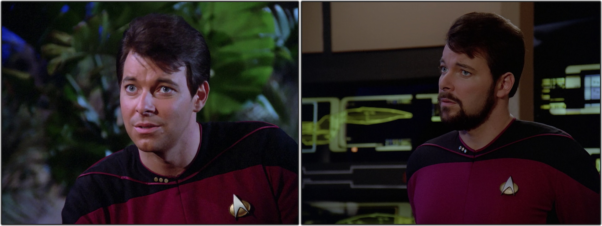 Two side-by-side still frames from Star Trek TNG S1 and S2 showing Riker