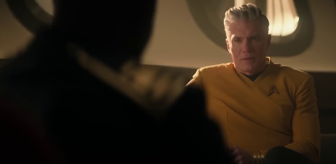 Still frame from the Star Trek SNW S4 trailer showing Pike and April