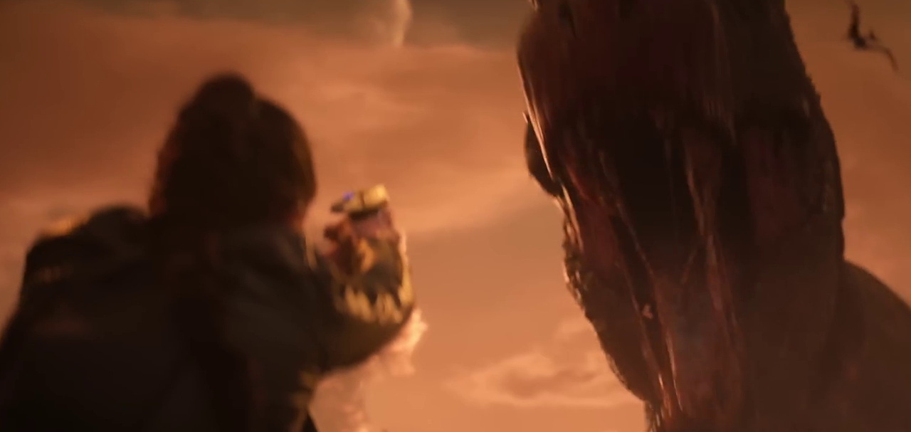 Still frame from the Star Trek SNW S4 trailer showing a dinosaur