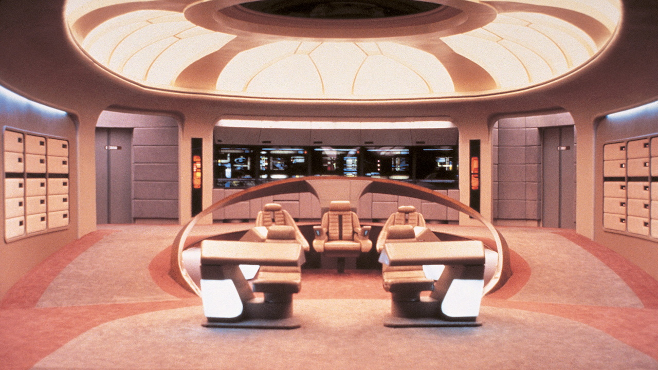 Behind-the-scenes photo from Star Trek TNG showing the empty bridge set