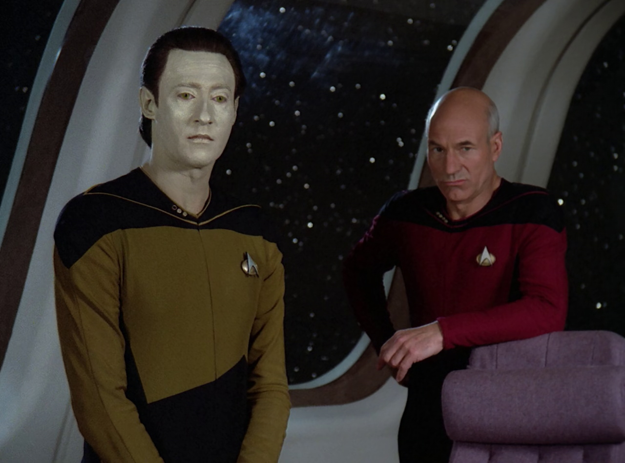 Still frame from Star Trek TNG The Royale showing Data and Picard