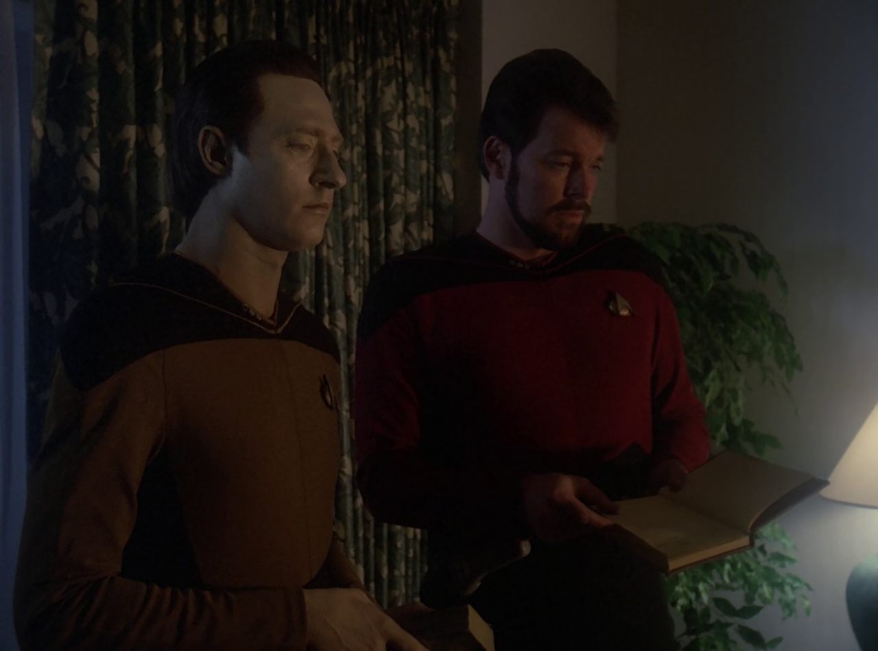 Still frame from Star Trek TNG The Royale showing Data and Riker