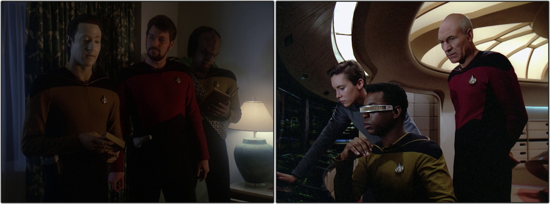 Pair of still frames from Star Trek TNG S2 The Royale showing Data explaining the novel