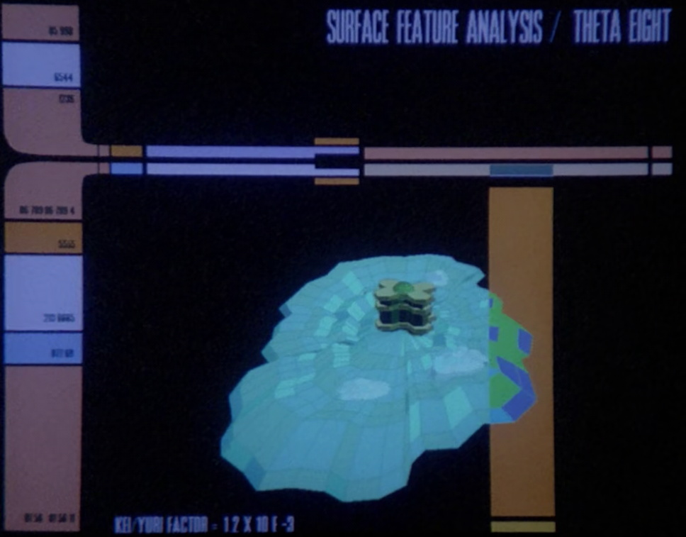 Still frame from Star Trek TNG The Royale showing an LCARS scan