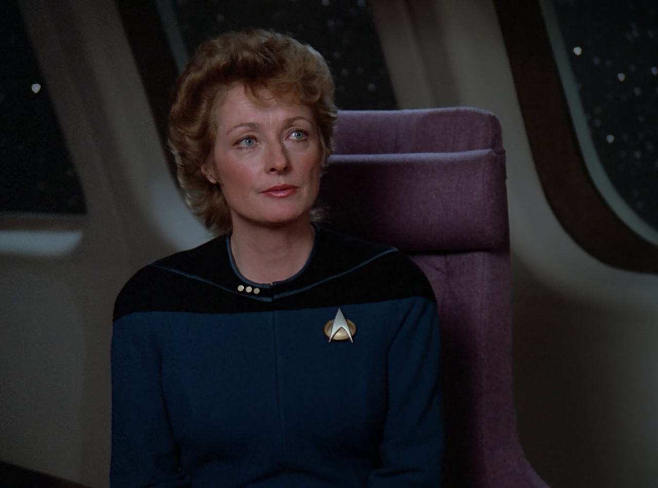 Still frame from Star Trek TNG The Royale showing Dr Pulaski