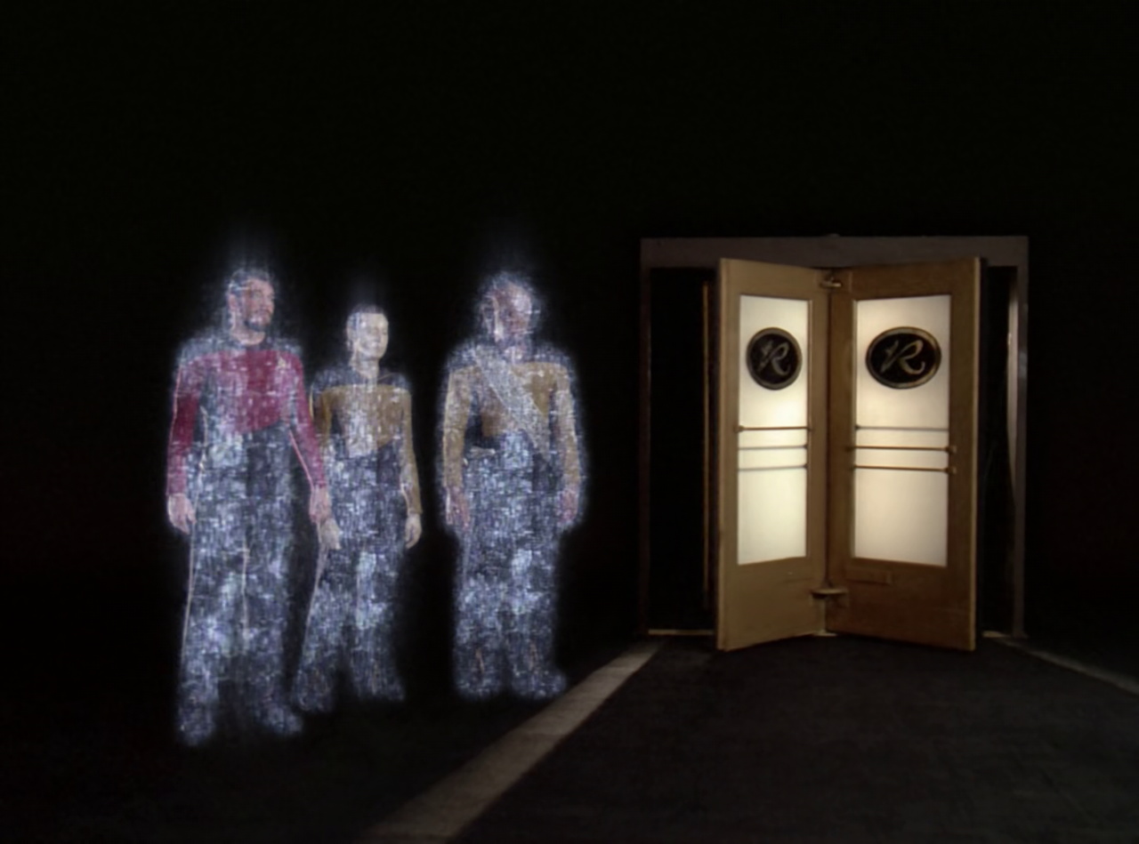 Still frame from Star Trek TNG The Royale showing the away team beaming out