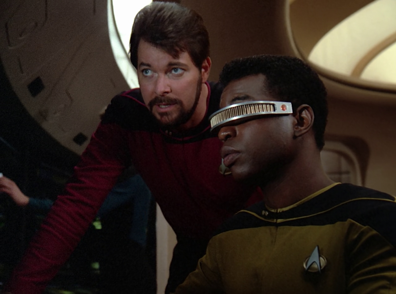 Still frame from Star Trek TNG The Royale showing Riker and Geordi