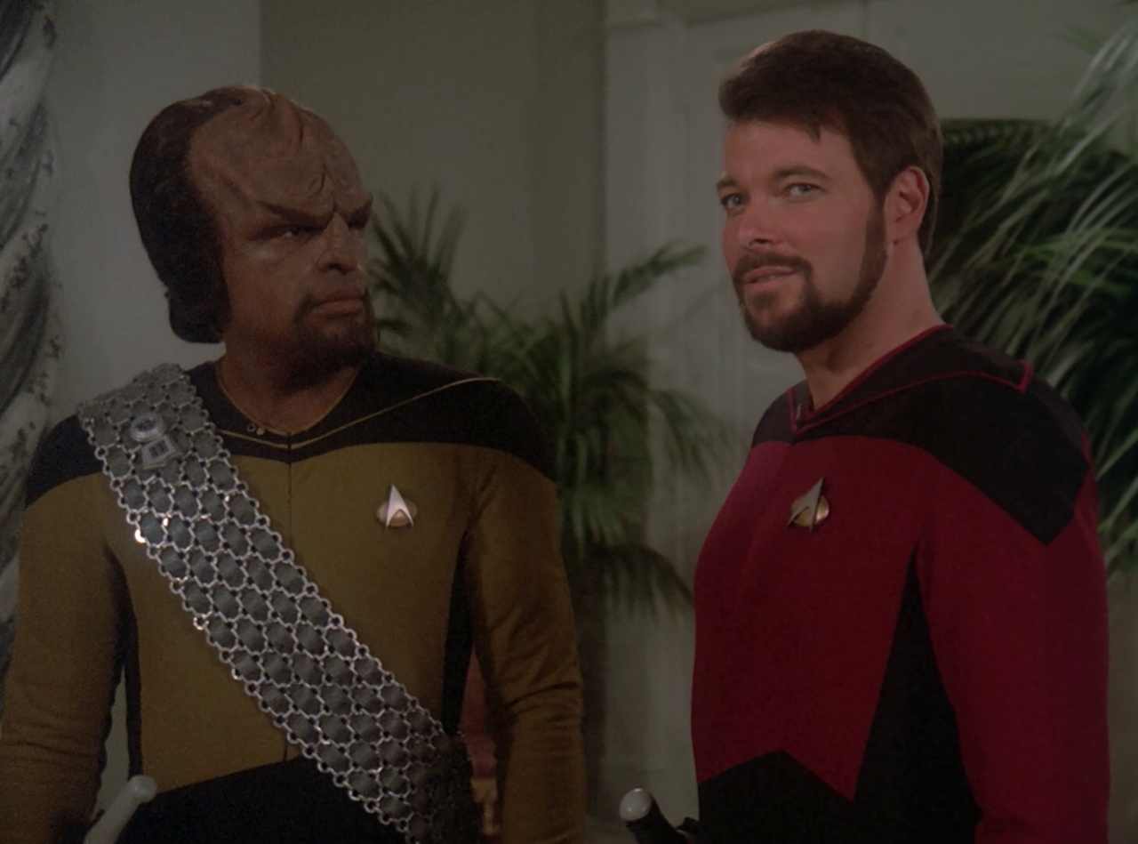Still frame from Star Trek TNG The Royale showing Worf and Riker