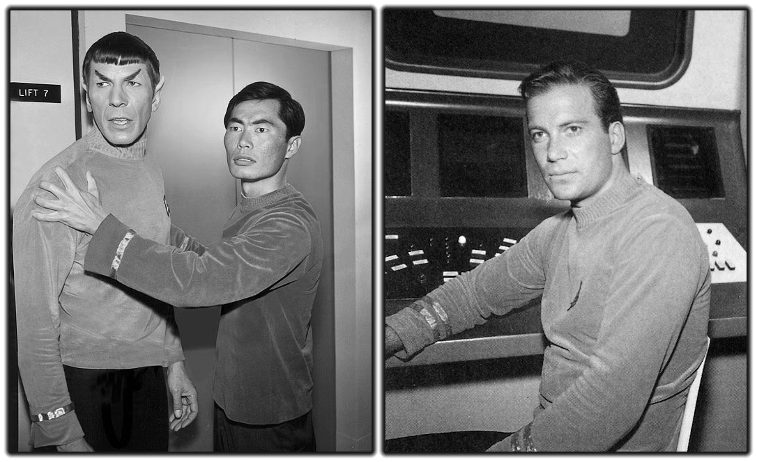 Promo photos for Star Trek TOS showing Nimoy and Takei (l) and Shatner (r)