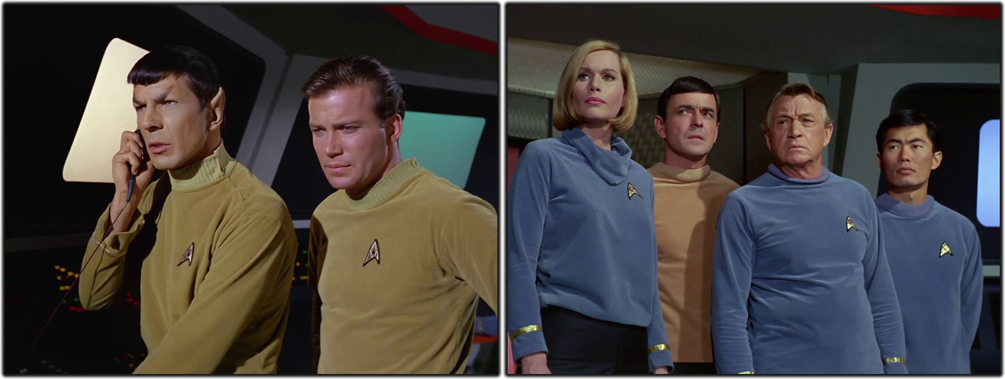 Two still frames from Star Trek TOS showing early uniform variants