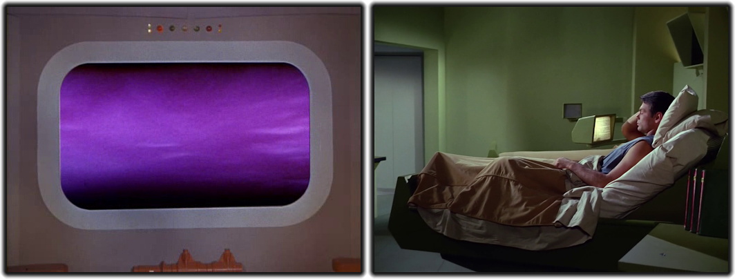 Two still frames from Star Trek TOS showing the viewscreen and sickbay