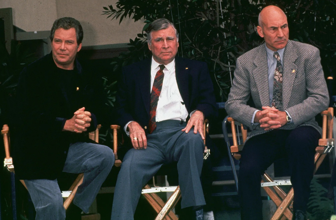 Photo of William Shatner, Gene Roddenberry, and Patrick Stewart at an event