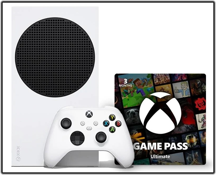 Promo photo of an Xbox Series S console with Game Pass