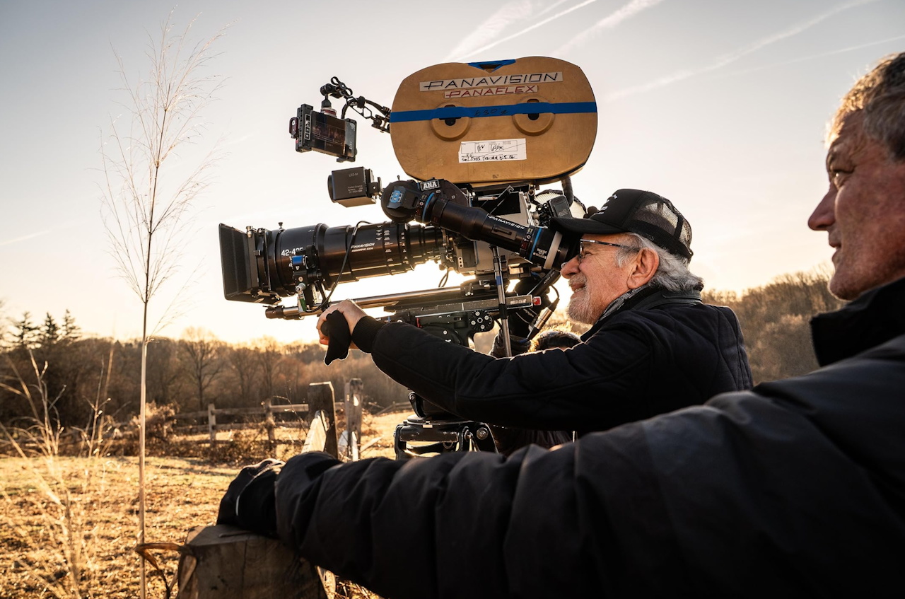Behind-the-scenes photo from the set of Disclosure Day (2026) showing Spielberg