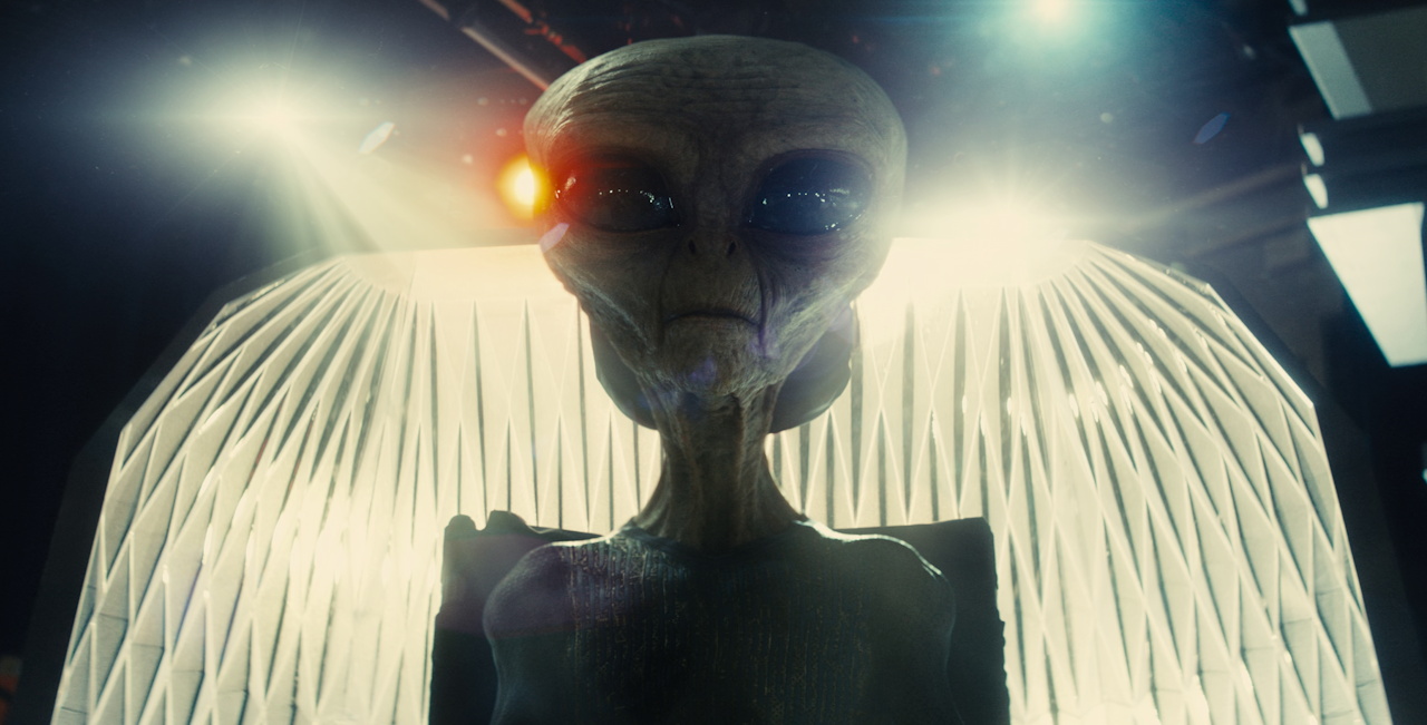 Still frame from Disclosure Day (2026) showing an alien