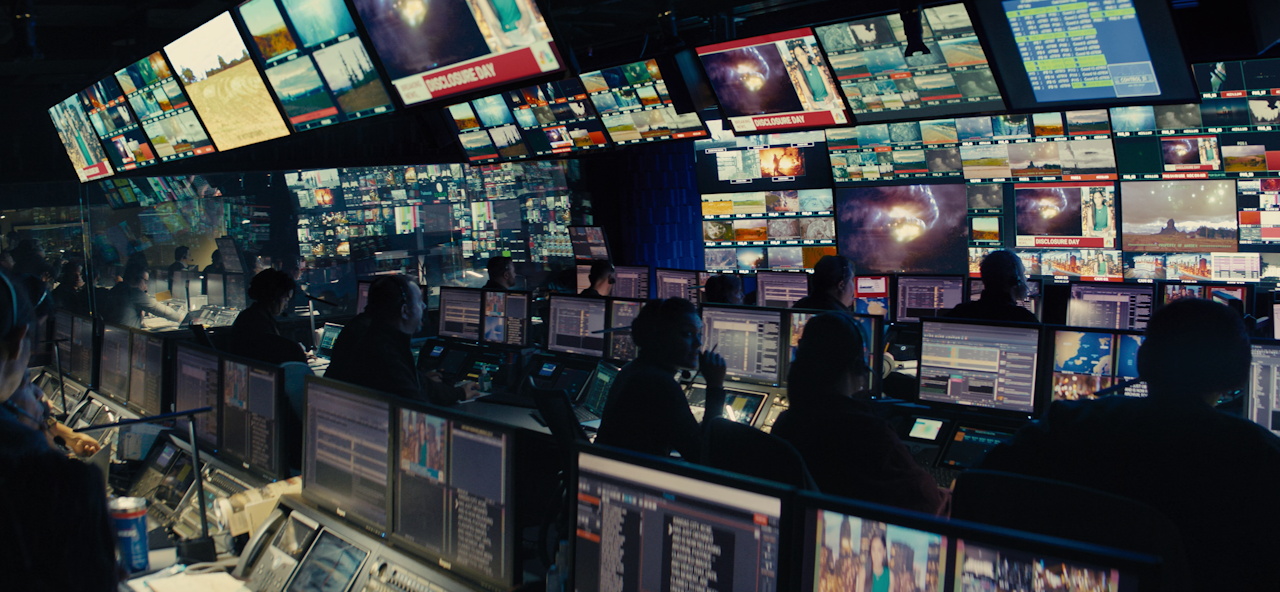 Still frame from Disclosure Day (2026) showing the newsroom