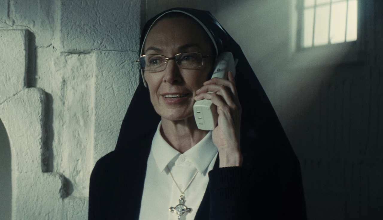 Still frame from Disclosure Day (2026) showing a nun.