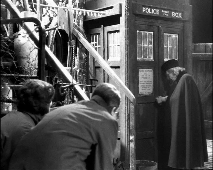 Still frame from the first episode of Dr Who showing the Tardis