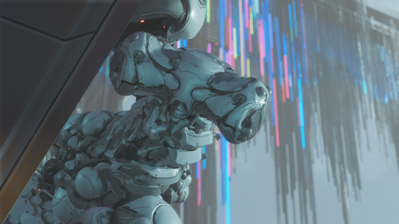 Screenshot of Pragmata showing the big bot boss
