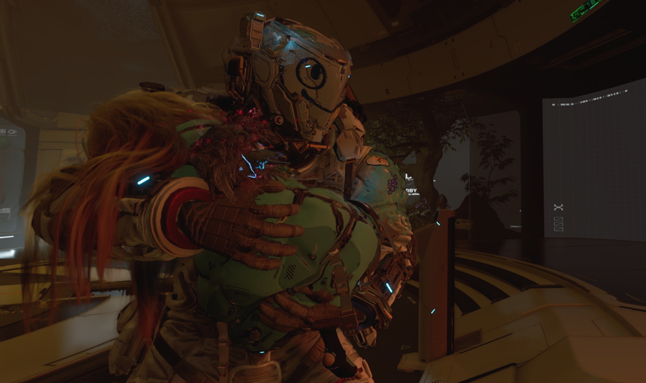 Screenshot of Pragmata showing Hugh carrying Diana