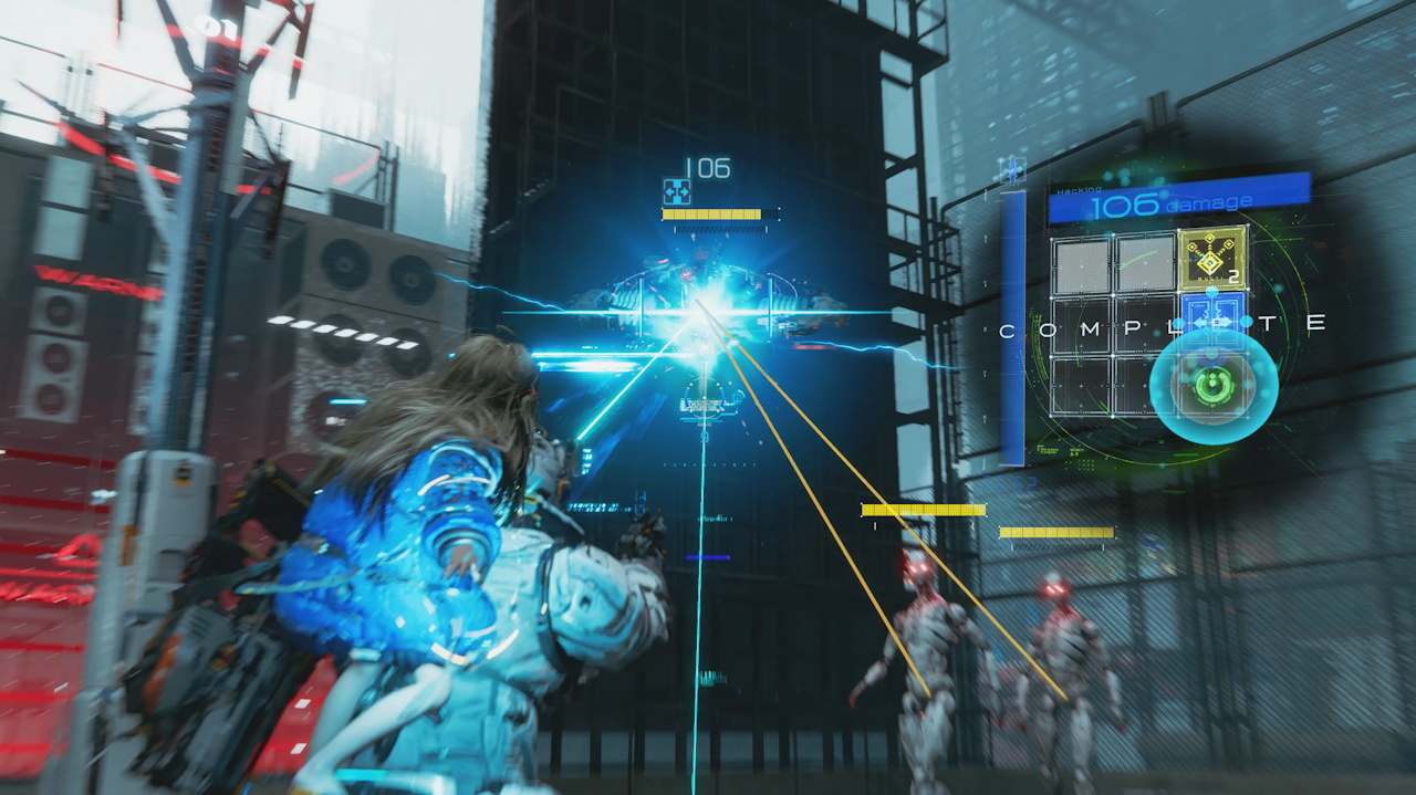 Promo screenshot for Pragmata showing combat and hacking