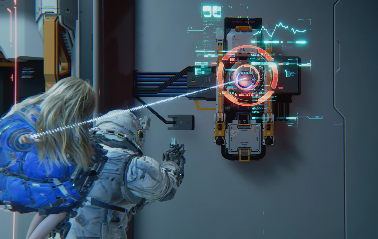Promo screenshot for Pragmata showing hacking a door