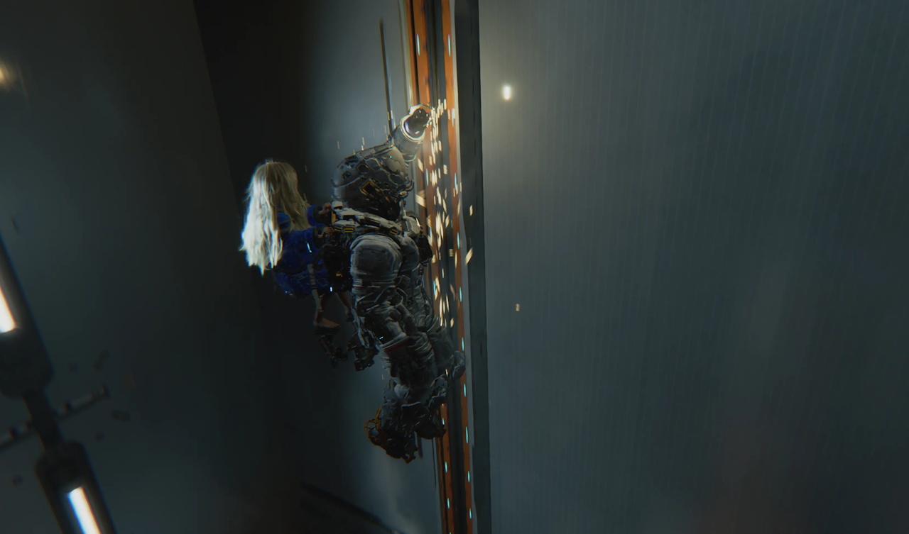 Promo screenshot for Pragmata showing Hugh and Diana ascending a lift