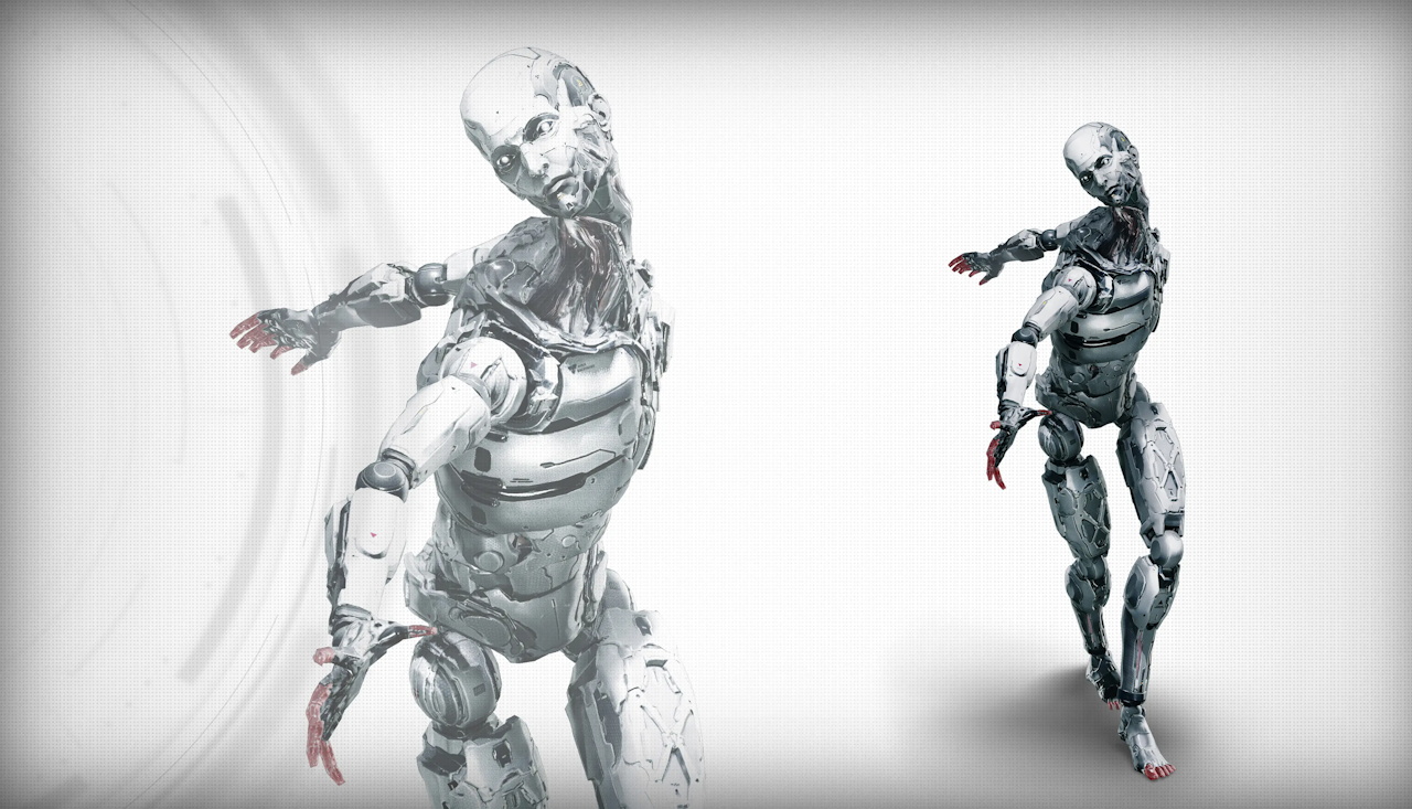 Concept art for Pragmata showing a walker robot