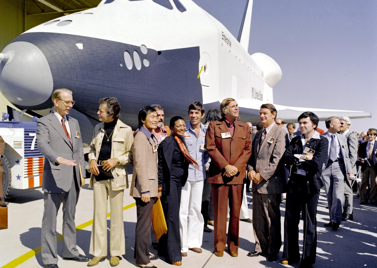 Gene Roddenberry and several members of The Original Series cast at the dedication ceremony for the Space Shuttle Enterprise