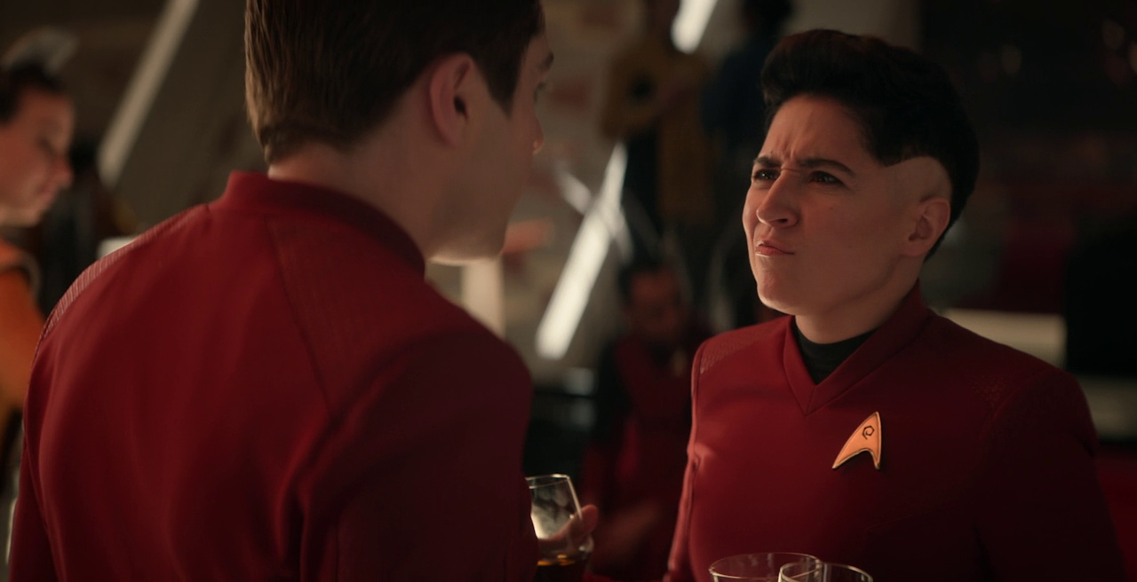 Still frame from Strange New Worlds 4x01 showing Scotty and Ortegas