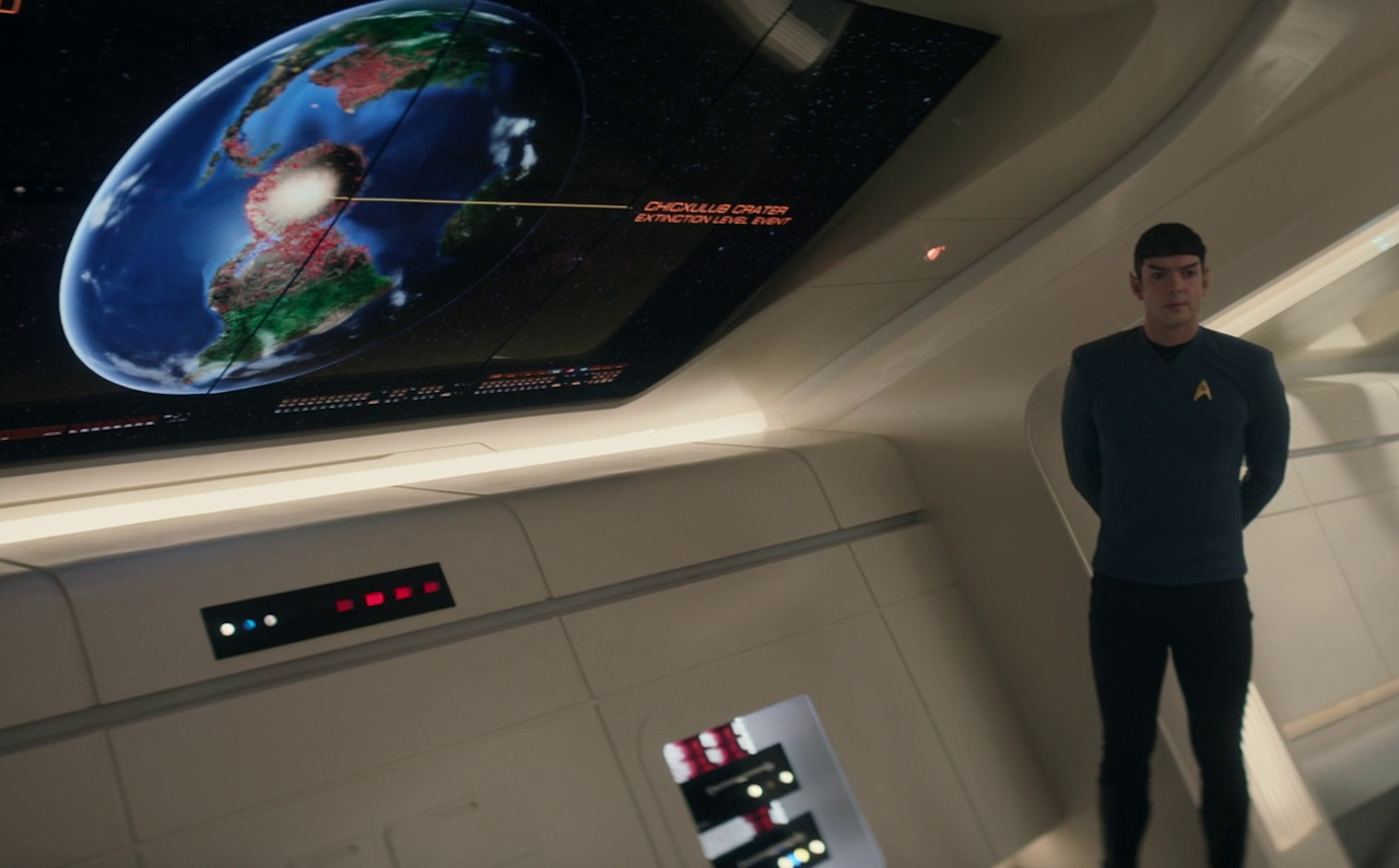 Still frame from Strange New Worlds 4x01 showing Spock at a viewscreen