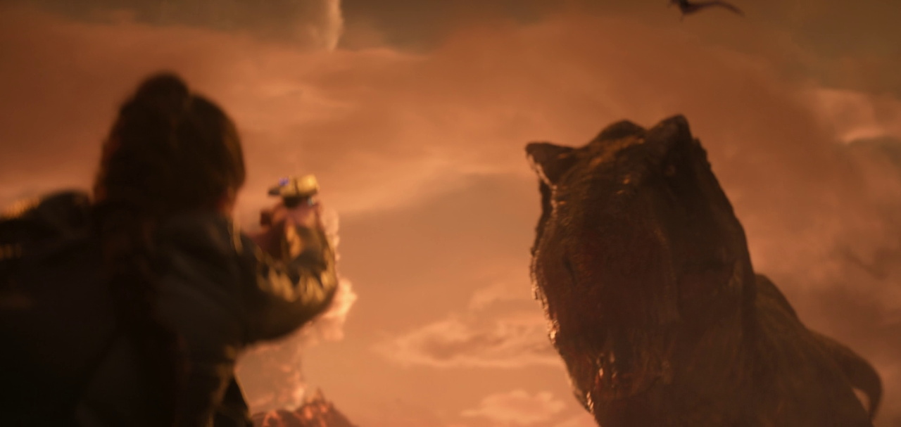 Still frame from Strange New Worlds 4x01 showing Una and a T Rex
