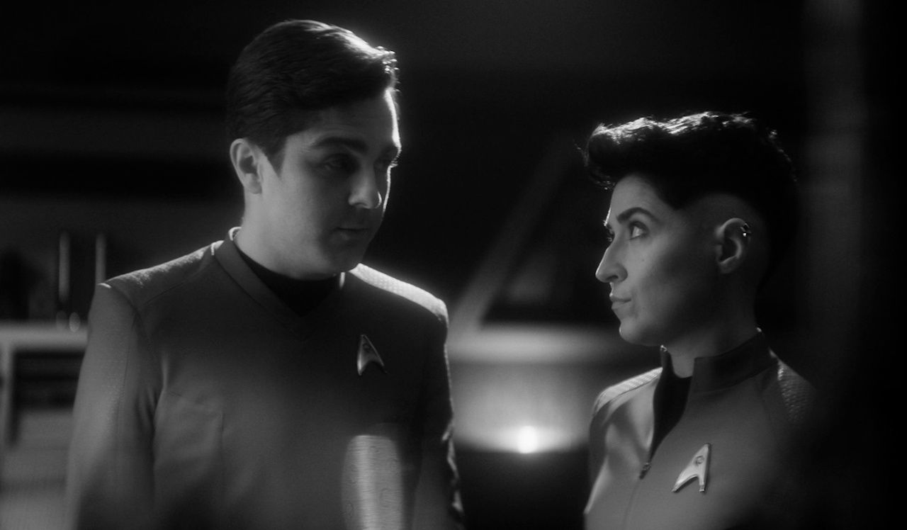 Still frame from Star Trek SNW 4x04 showing Scotty and Ortegas