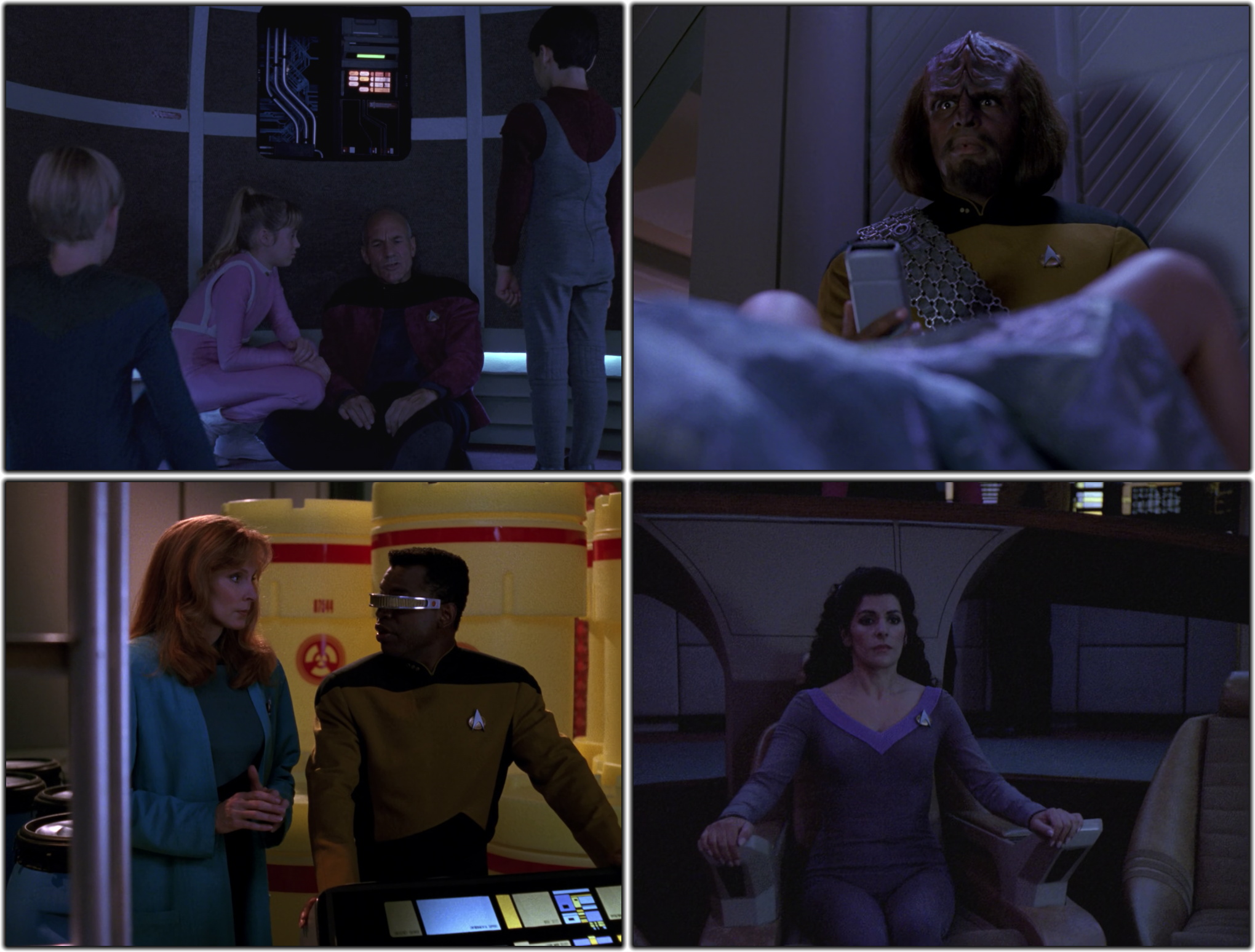Four stills from Star Trek TNG 5x06 showing Picard, Worf, Crusher and Geordi, and Troi