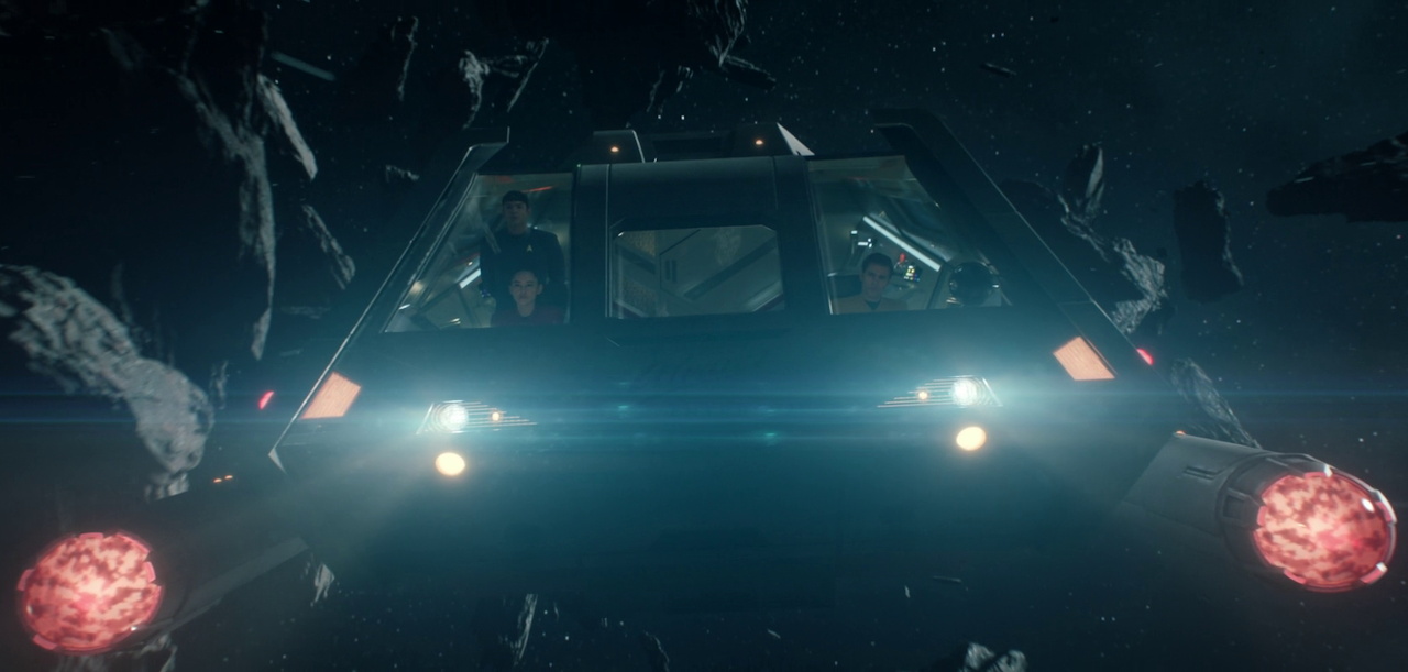 Still frame from Star Trek SNW 4x02 showing Kirk, Spock, and La'an aboard a shuttlecraft